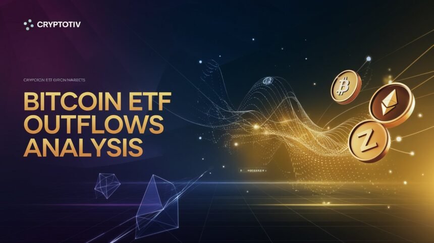 Futuristic image representing Bitcoin ETF outflows analysis in September 2024, with cryptocurrency market elements