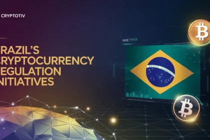 Brazil's Cryptocurrency Regulation Initiatives 2024 - futuristic Brazilian flag with integrated cryptocurrency symbols and glowing network lines.