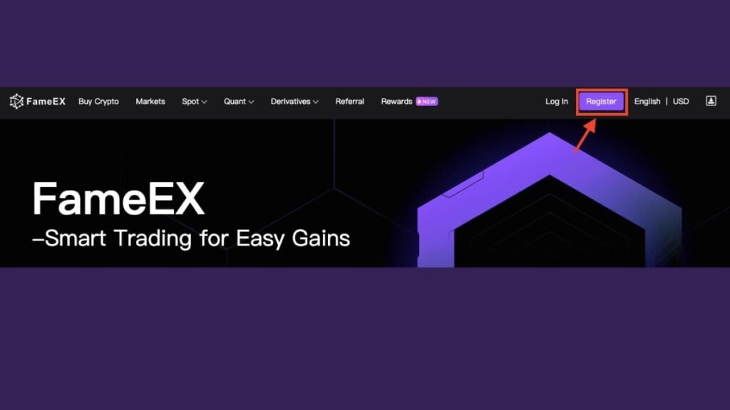 A webpage interface for FameEX, showcasing options like ‘Buy Crypto,’ ‘Markets,’ ‘Spot,’ ‘Quant,’ ‘Derivatives,’ and ‘Rewards