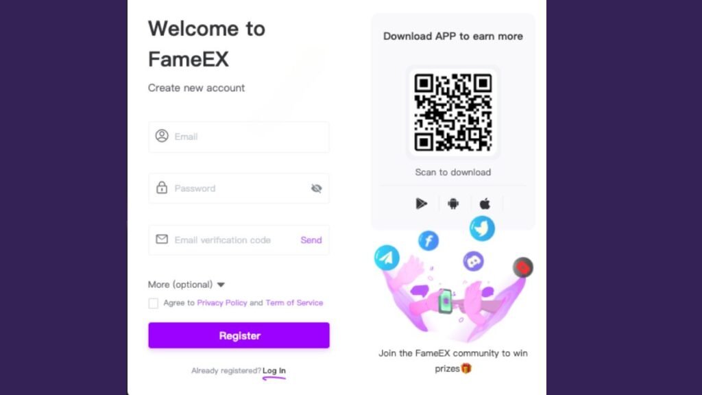 User interface for FameEX app sign-up page with fields for email and password entry, QR code for app download, social media share icons, and illustration of community engagement