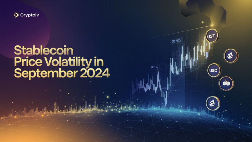 Stablecoin price volatility in September 2024 with fluctuating cryptocurrency logos and futuristic network elements