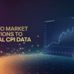 Cryptocurrency market reactions to global CPI data in 2024 with a futuristic chart depicting price volatility