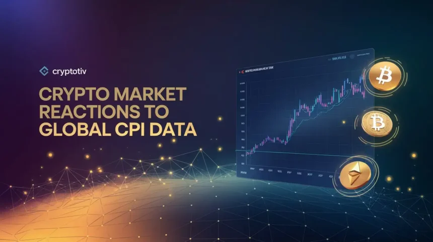 Cryptocurrency market reactions to global CPI data in 2024 with a futuristic chart depicting price volatility