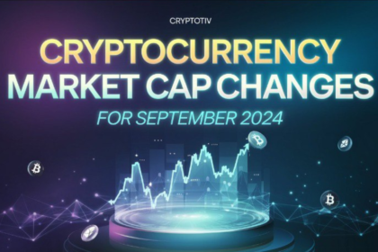 Futuristic depiction of cryptocurrency market cap changes in September 2024, highlighting Bitcoin, Ethereum, and dynamic market graphs.