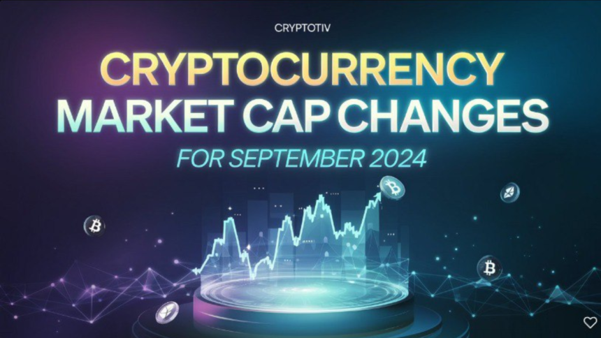 Futuristic depiction of cryptocurrency market cap changes in September 2024, highlighting Bitcoin, Ethereum, and dynamic market graphs.