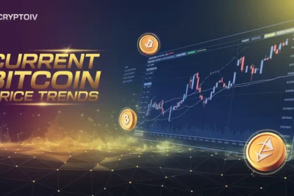 Current Bitcoin price trends futuristic visual with A large candlestick chart showing Bitcoin's price movements