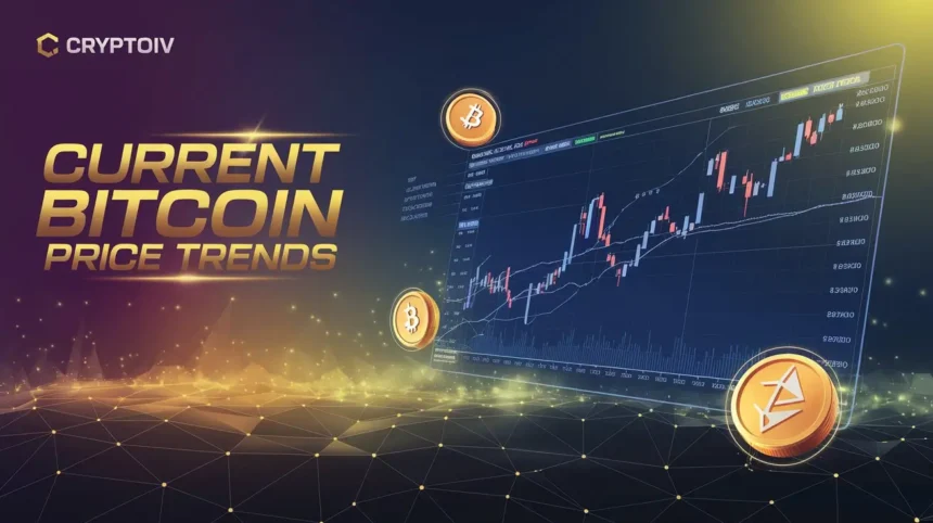 Current Bitcoin price trends futuristic visual with A large candlestick chart showing Bitcoin's price movements