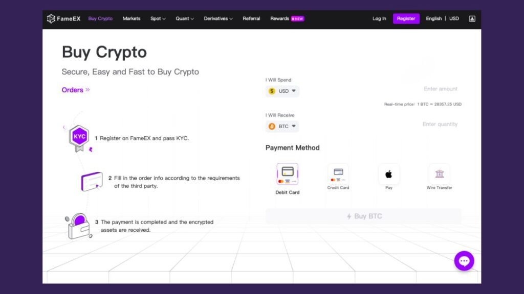 Webpage interface of FamEx cryptocurrency exchange showing steps to buy Bitcoin