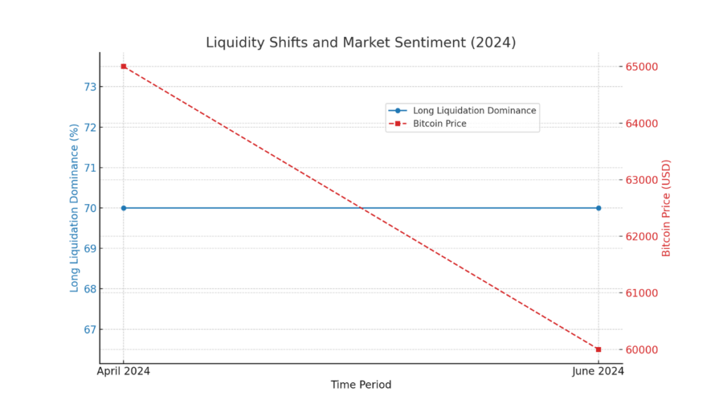 Graph showing Bitcoin’s price and long liquidation dominance in 2024