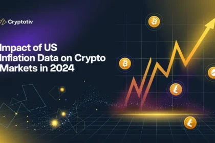 Impact of US inflation on crypto markets represented with dynamic graphs and cryptocurrency logos.