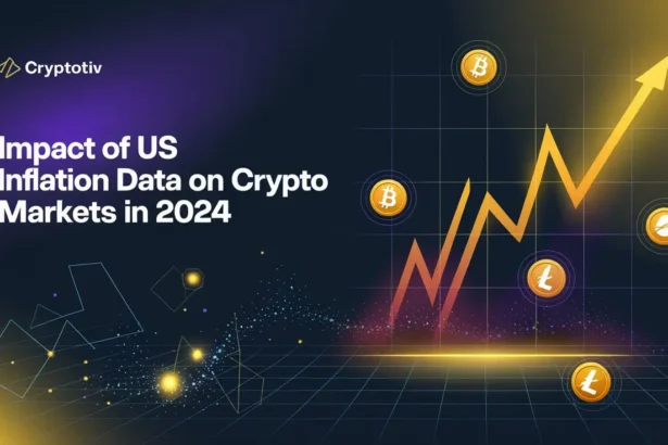 Impact of US inflation on crypto markets represented with dynamic graphs and cryptocurrency logos.