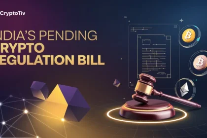 Futuristic visual representing India's crypto regulation bill, with floating cryptocurrency logos and legal symbols.