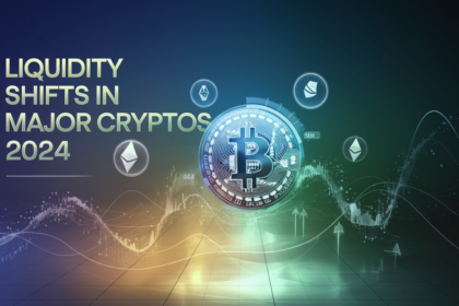 Futuristic representation of liquidity shifts in major cryptocurrencies like Bitcoin, Ethereum, and Solana in 2024