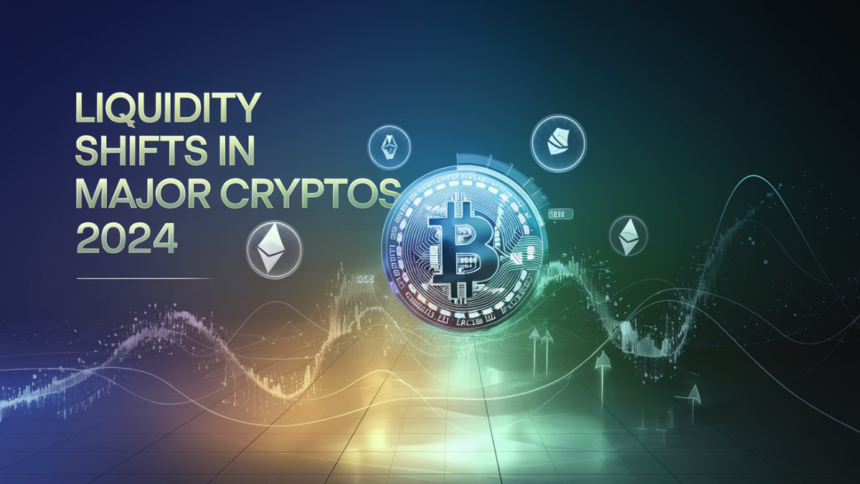 Futuristic representation of liquidity shifts in major cryptocurrencies like Bitcoin, Ethereum, and Solana in 2024