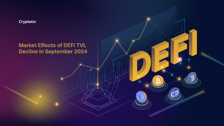 Market Effects of DeFi TVL Decline in September 2024 with a futuristic digital theme, showcasing a declining graph and decentralized network elements