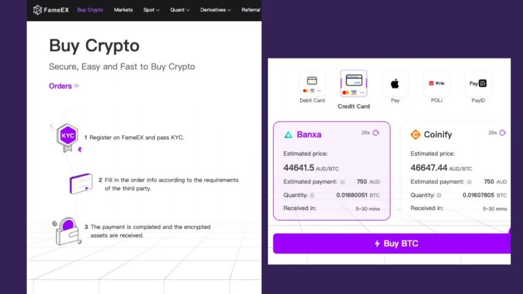 FameEX interface showing steps to buy crypto