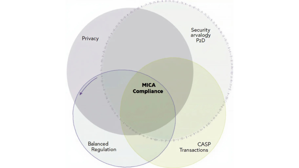 Venn diagram illustrating the overlap and distinctions between privacy, security, and regulatory compliance under MiCA