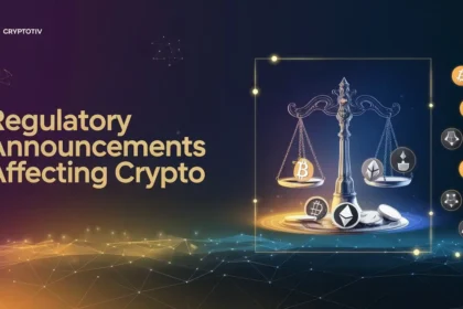 Digital asset symbols representing regulatory announcements affecting crypto in 2024.