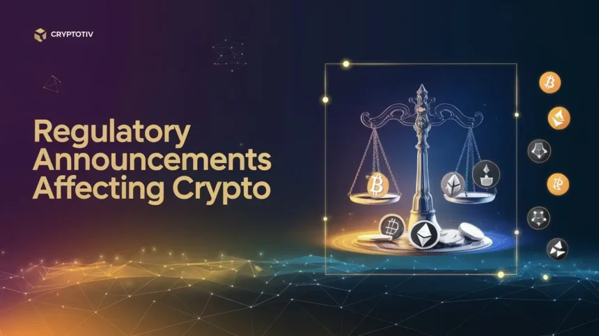 Digital asset symbols representing regulatory announcements affecting crypto in 2024.