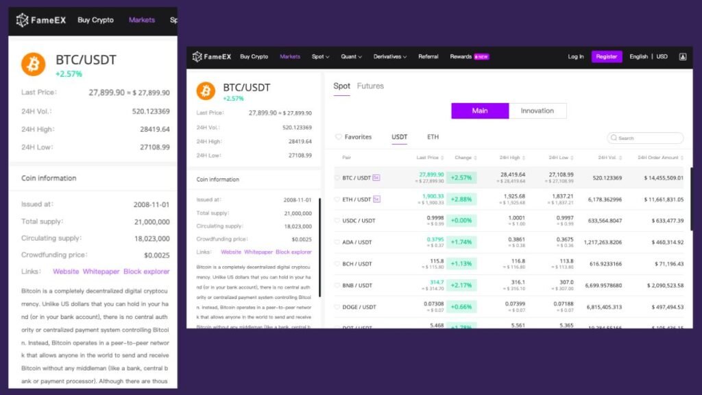 Cryptocurrency exchange screenshots showing Bitcoin trading data