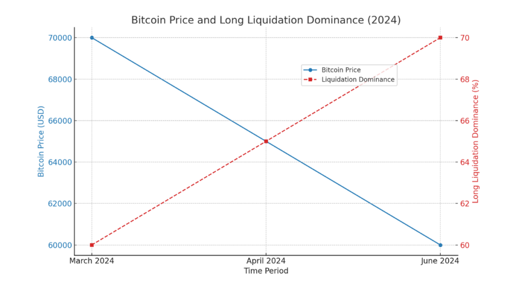 Line graph of Bitcoin’s price and liquidation dominance in 2024