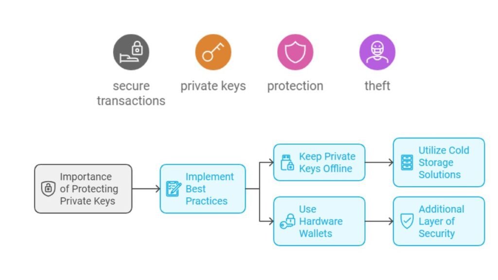 Flowchart depicting steps for securing private keys including secure transactions, importance of protection, best practices implementation, and specific strategies like offline storage and hardware wallets