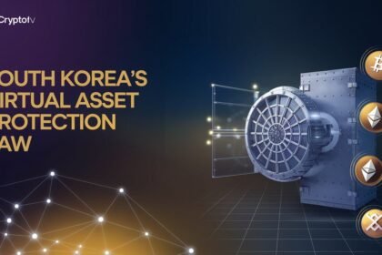 Illustration of South Korea’s Virtual Asset Protection Law with a secure vault and crypto symbols, representing market stability