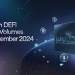 Futuristic visual of DeFi trading volumes with fluctuating data points on a decentralized exchange