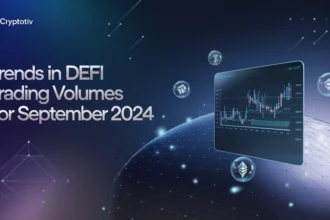 Futuristic visual of DeFi trading volumes with fluctuating data points on a decentralized exchange