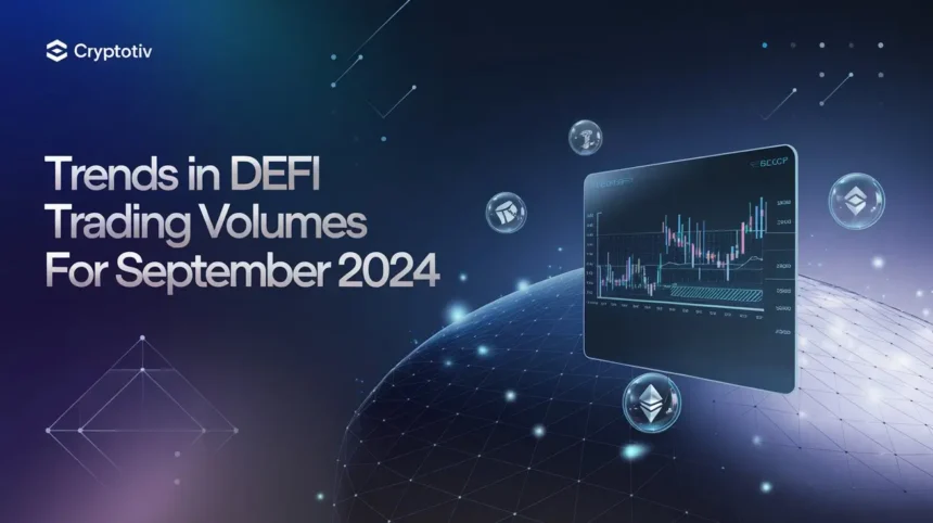 Futuristic visual of DeFi trading volumes with fluctuating data points on a decentralized exchange