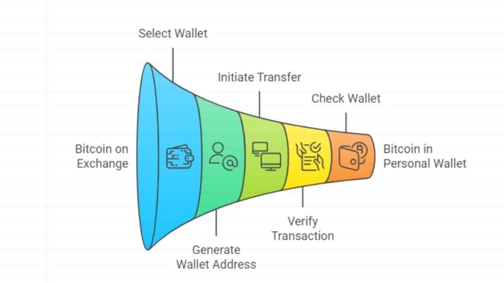 A colorful funnel diagram illustrating the Bitcoin transfer process from an exchange to a personal wallet in six steps