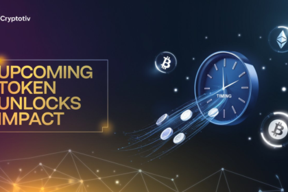 Futuristic image depicting the concept of upcoming token unlocks impact on cryptocurrency markets, featuring a digital clock and various crypto logos