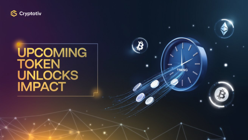 Futuristic image depicting the concept of upcoming token unlocks impact on cryptocurrency markets, featuring a digital clock and various crypto logos