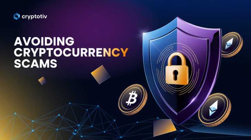 Shield with lock and cryptocurrency symbols, titled "Avoiding Cryptocurrency Scams