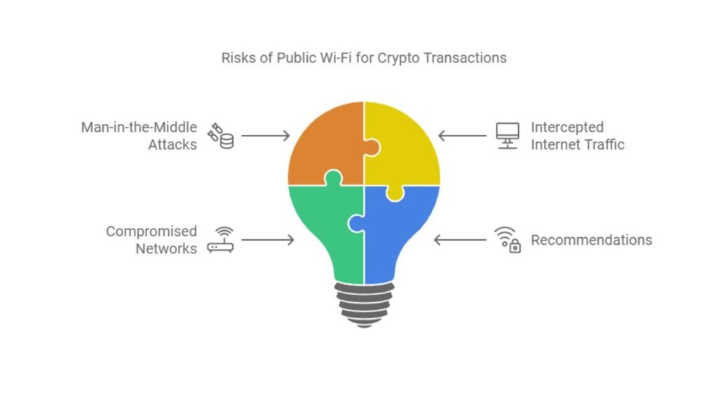 Infographic of Wi-Fi risks for crypto with puzzle lightbulb