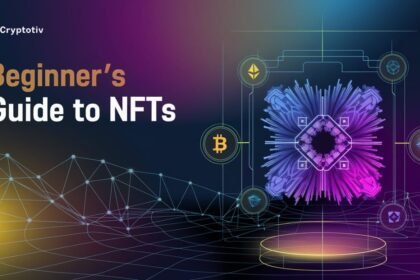 Graphic titled “Beginner’s Guide to NFTs” with digital art and cryptocurrency symbols