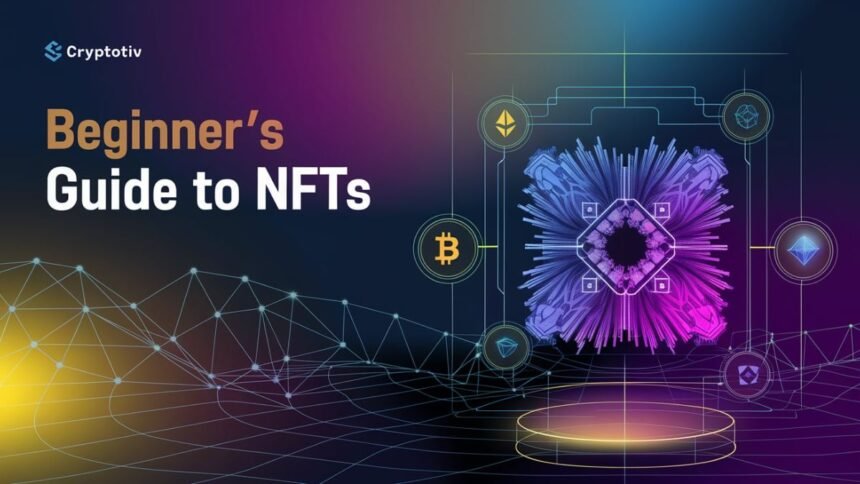 Graphic titled “Beginner’s Guide to NFTs” with digital art and cryptocurrency symbols