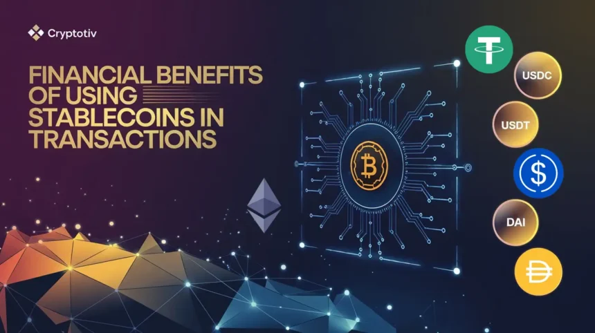Illustration showing financial benefits of using stablecoins like USDC, USDT, and DAI.