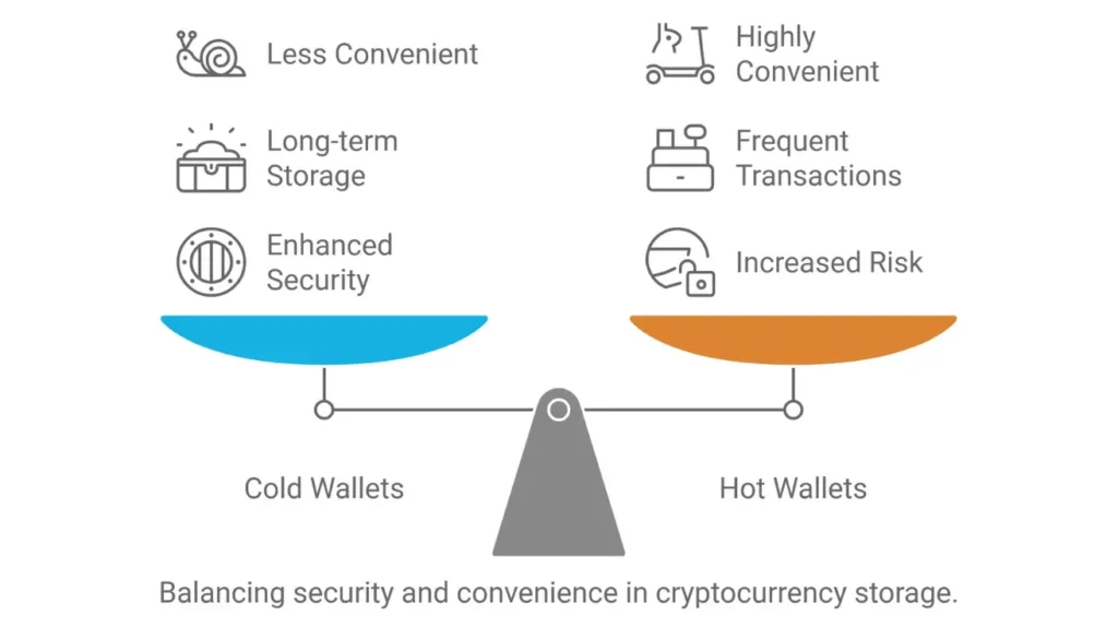 Diagram comparing cold wallets (secure, less convenient) and hot wallets (convenient, higher risk).