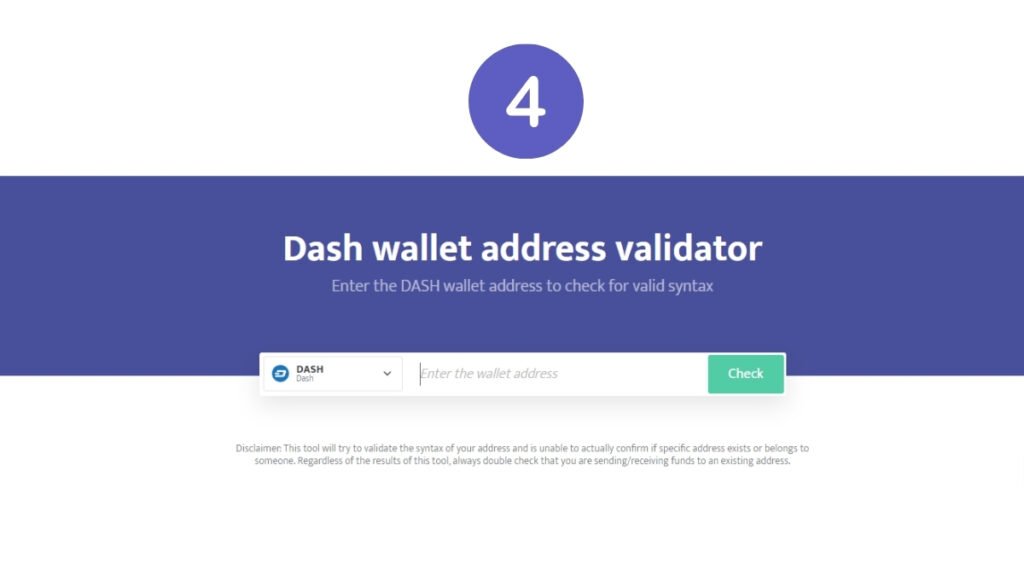 Screenshot of a Dash wallet address validator tool