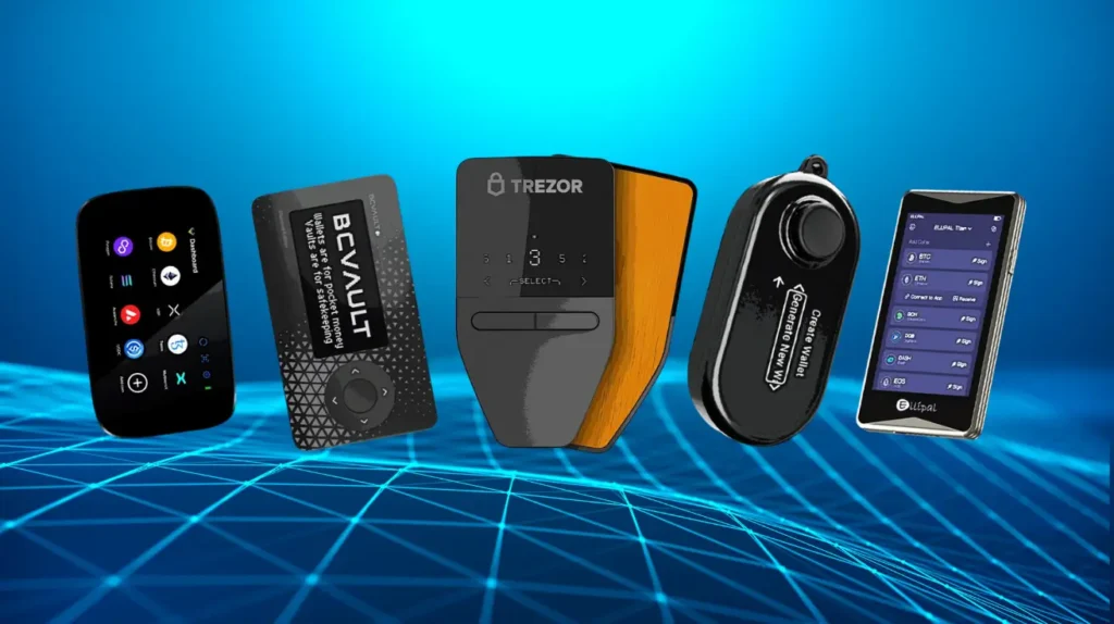 Various hardware wallets for secure cryptocurrency storage, including Ledger and Trezor models.