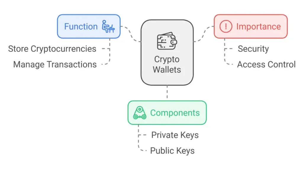 Diagram of crypto wallets showing functions, importance, and components like private and public keys.