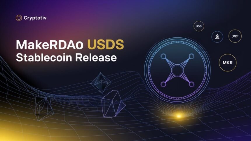 A futuristic promotional image highlighting the MakerDAO rebrand and the USDS stablecoin release within the Sky ecosystem, featuring decentralized finance elements.