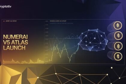 Futuristic visual representation of Numerai V5 Atlas Launch with geometric networks symbolizing machine learning algorithms and financial data models