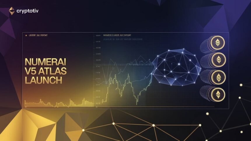 Futuristic visual representation of Numerai V5 Atlas Launch with geometric networks symbolizing machine learning algorithms and financial data models