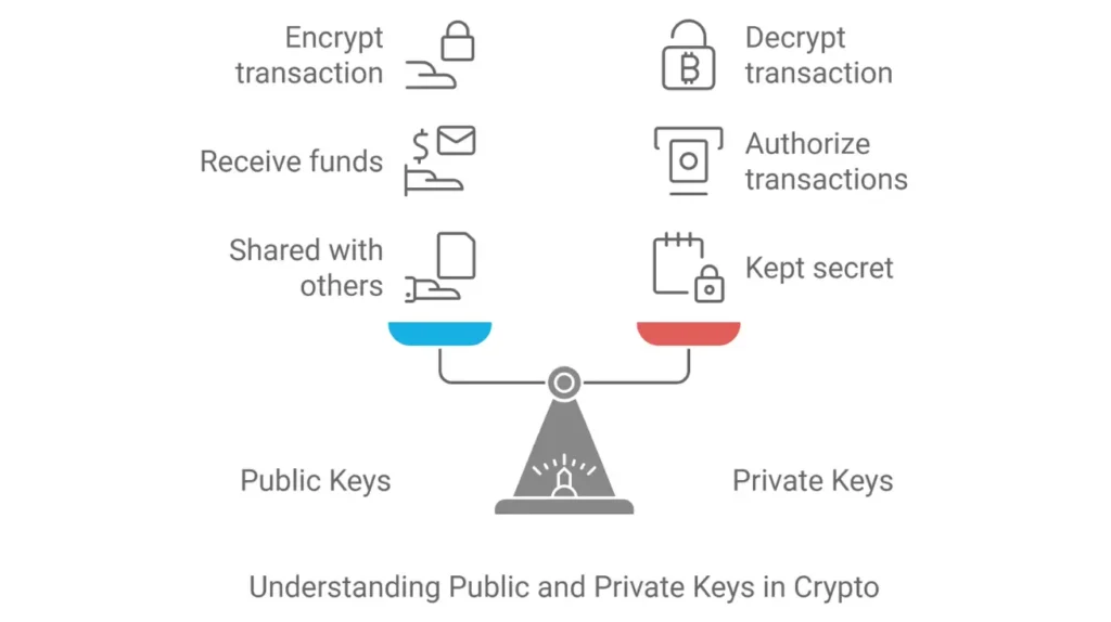 Illustration comparing public keys for sharing and private keys for transactions in cryptography.