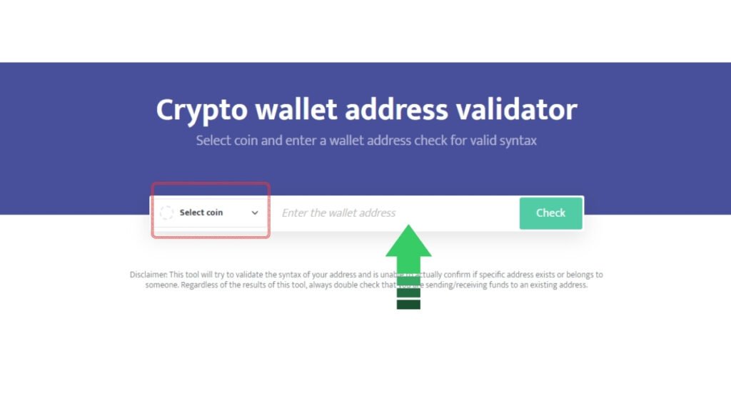 Interface of a crypto wallet address validator tool