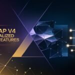 Uniswap V4 Decentralized Trading Features with futuristic liquidity pools and glowing cryptocurrency logos.
