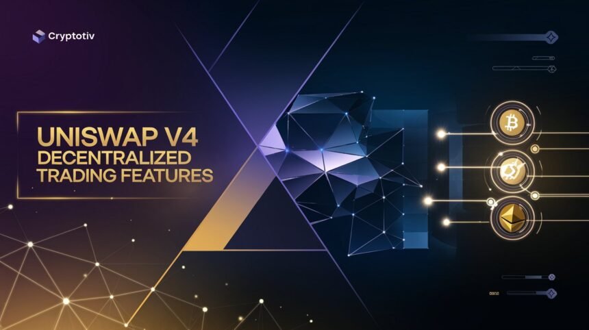 Uniswap V4 Decentralized Trading Features with futuristic liquidity pools and glowing cryptocurrency logos.