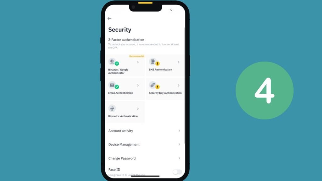 Smartphone screen showing security settings